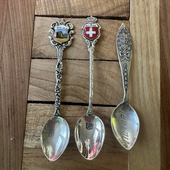 3 Souvenir Spoons Antique Colosseum Italy Roma 800 Silver Swiss 925 Canada 20.8g